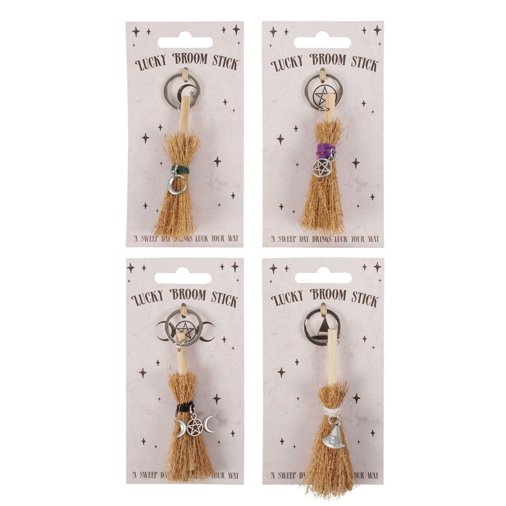 24 Lucky Broomstick Keyring Set with Wood Keychain Display Stand by Something Different UK