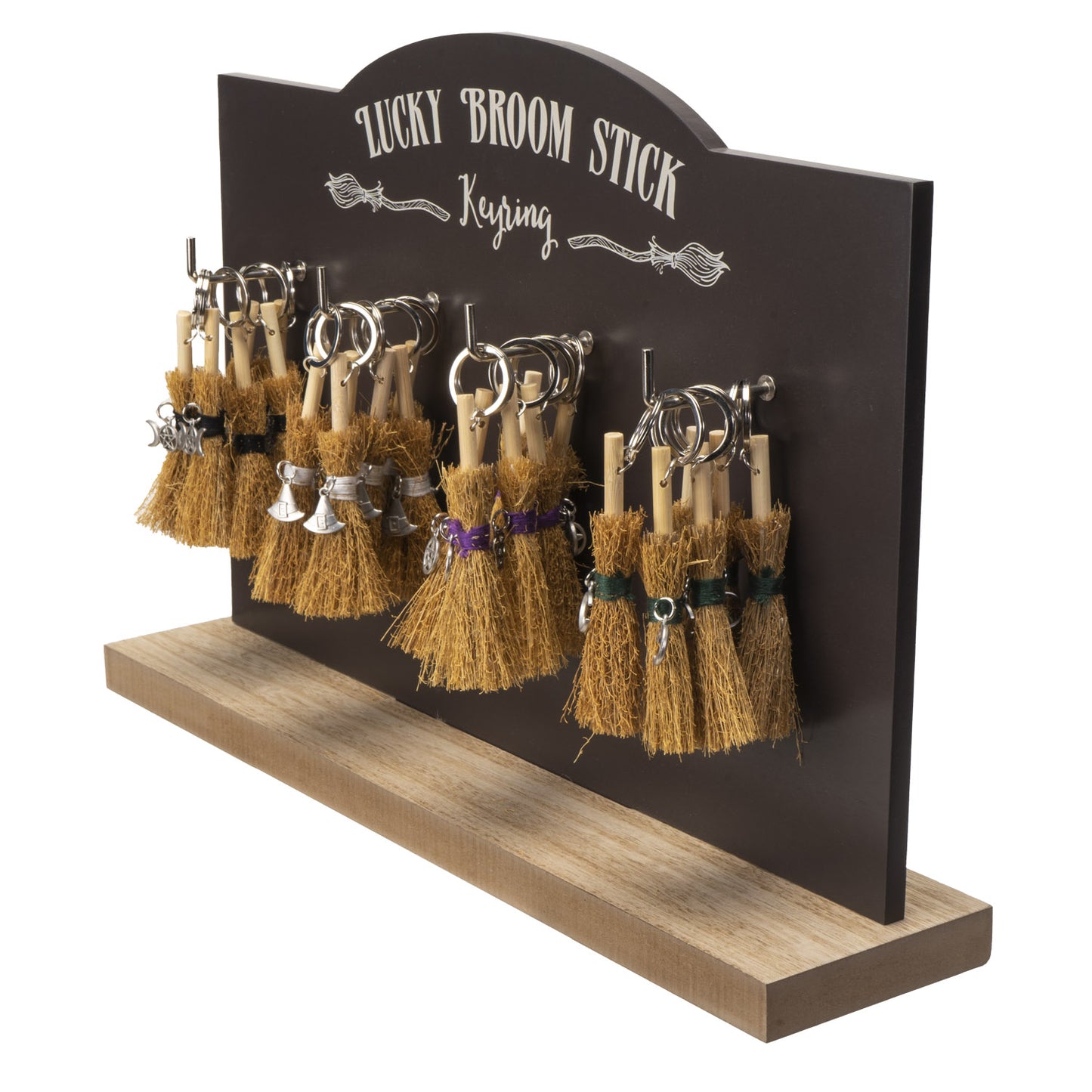 24 Lucky Broomstick Keyring Set with Wood Keychain Display Stand by Something Different UK