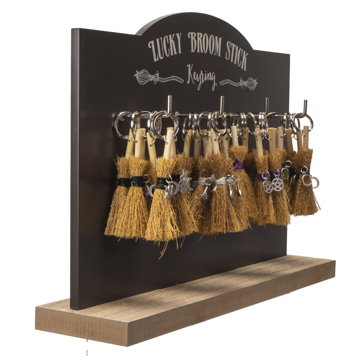 24 Lucky Broomstick Keyring Set with Wood Keychain Display Stand by Something Different UK