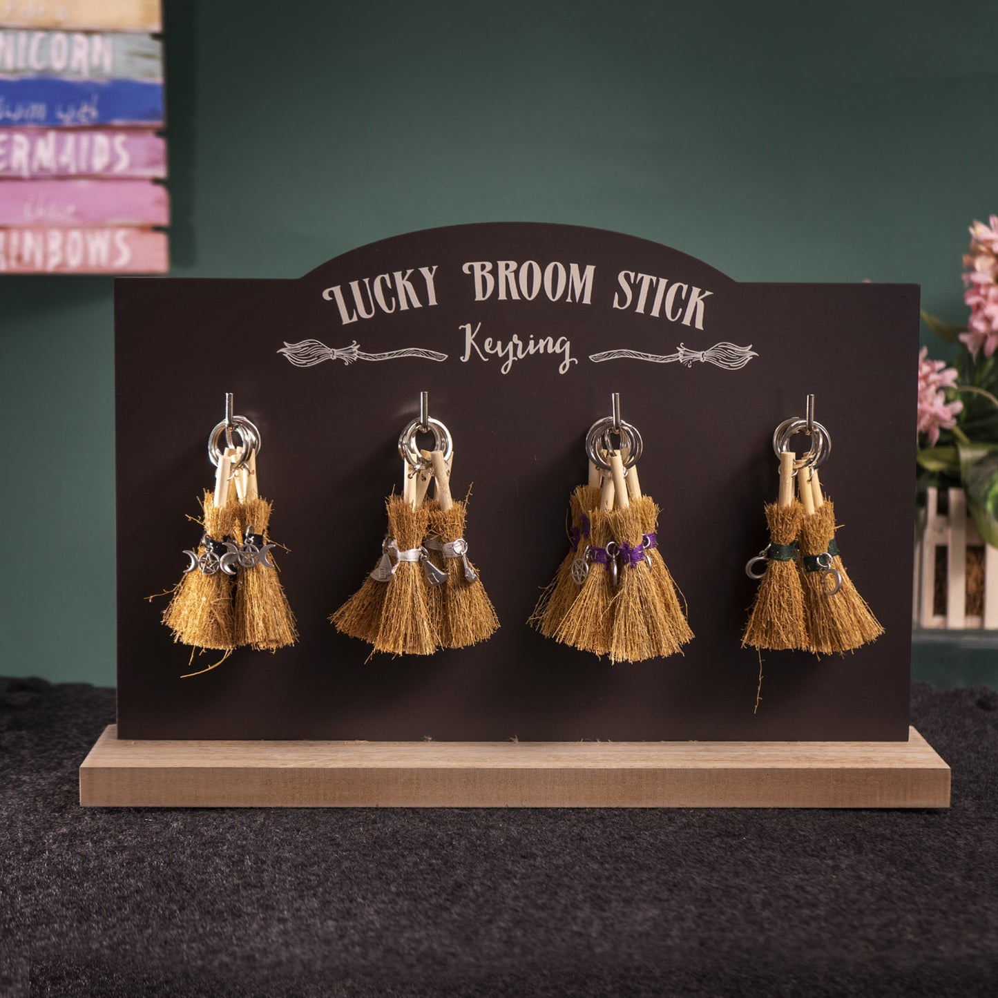 24 Lucky Broomstick Keyring Set with Wood Keychain Display Stand by Something Different UK
