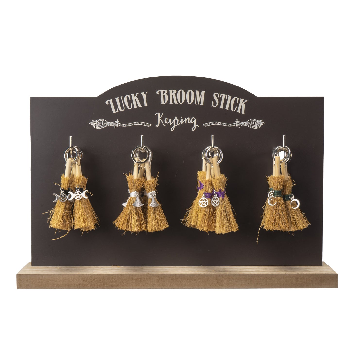24 Lucky Broomstick Keyring Set with Wood Keychain Display Stand by Something Different UK