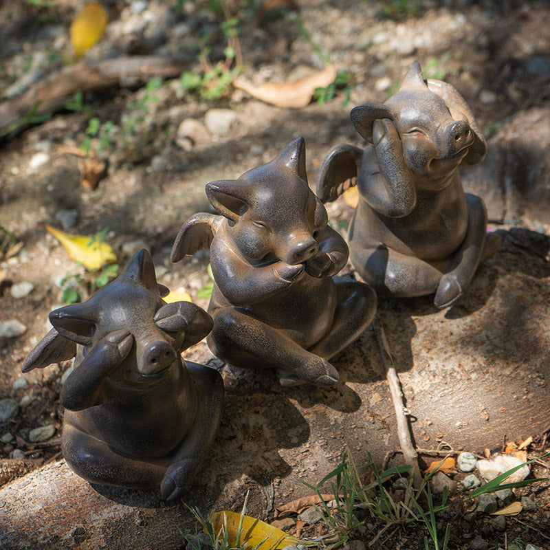 See, Hear, Speak No Evil Flying Pig Figurine Set