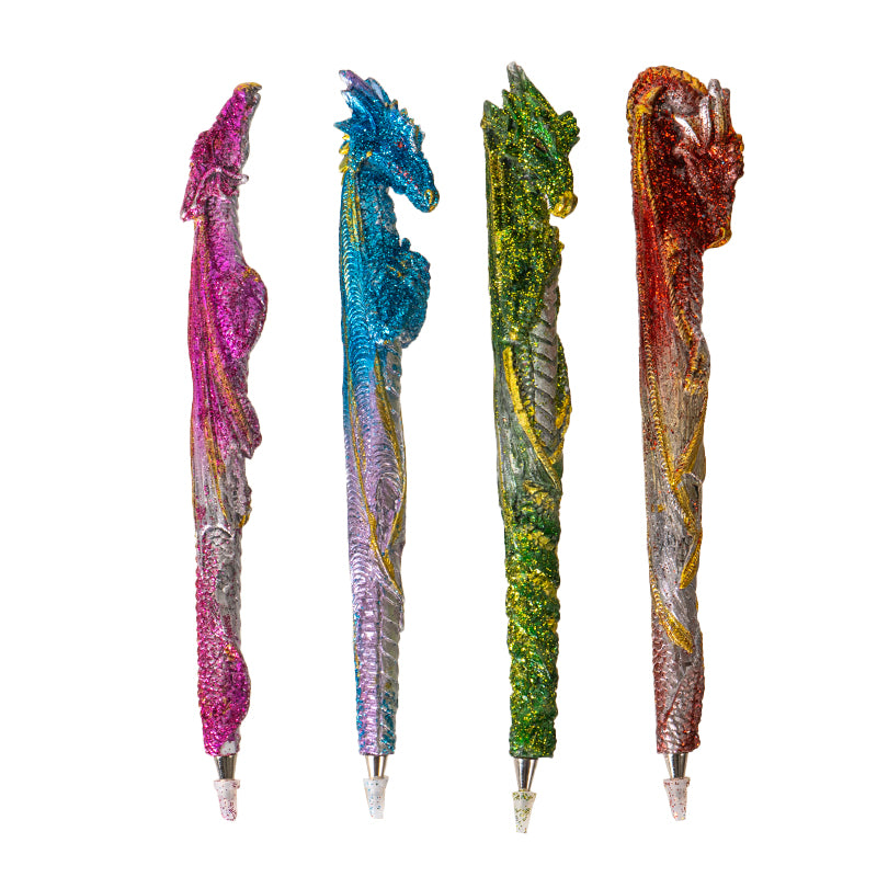 16 Piece Dragon Pen Set with Display Stand Featuring 4 Unique Glittering Dragon Designs