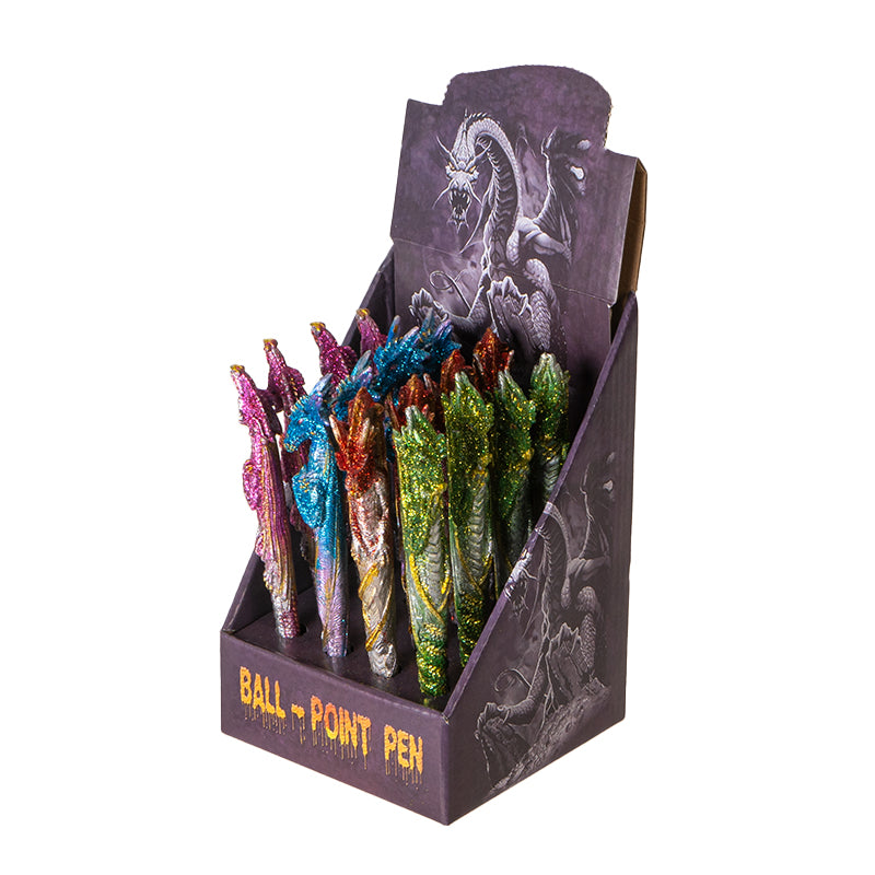 16 Piece Dragon Pen Set with Display Stand Featuring 4 Unique Glittering Dragon Designs