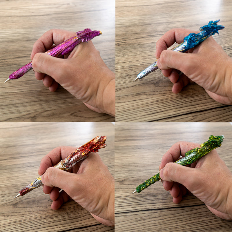 16 Piece Dragon Pen Set with Display Stand Featuring 4 Unique Glittering Dragon Designs