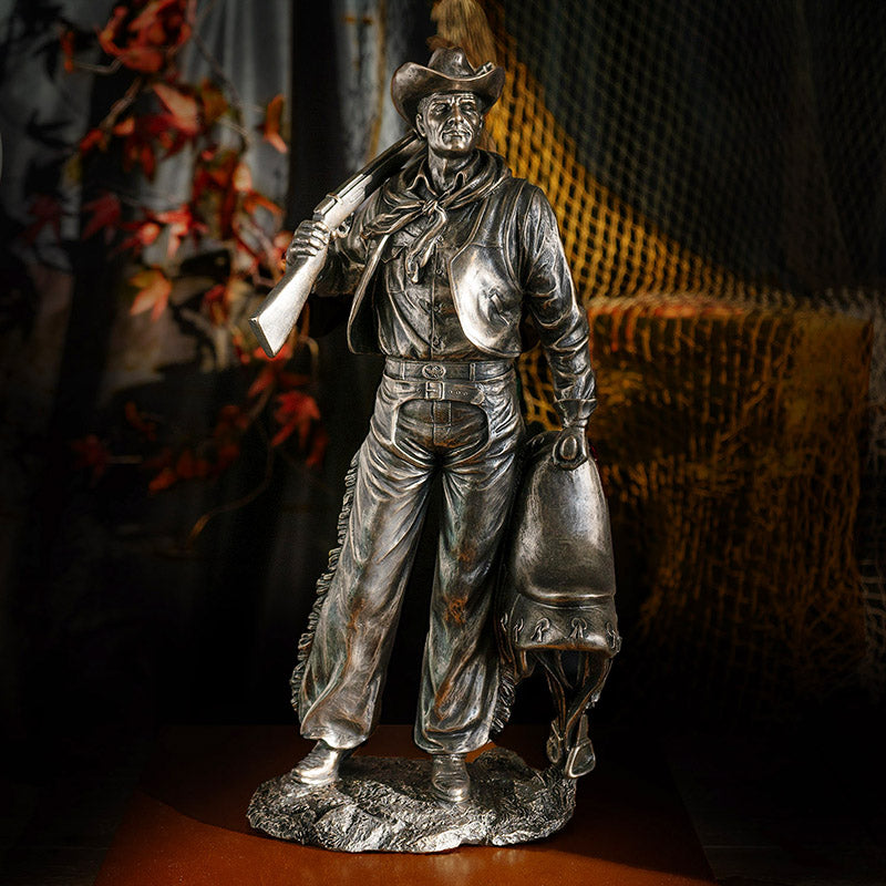 Bronze Cowboy with Rifle Gun and Saddle Western Decor Figurine