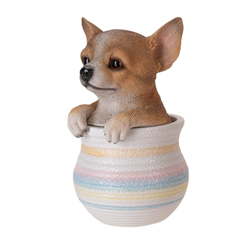 Chihuahua Dog Figurine in Decorative Pot