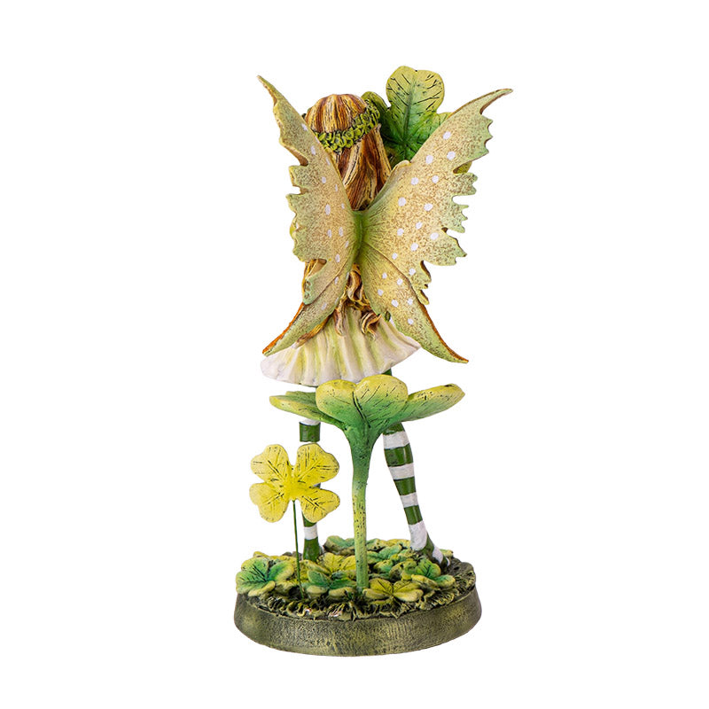 Lucky Clover Fairy Figurine with Striped Stockings and Emerald Wings