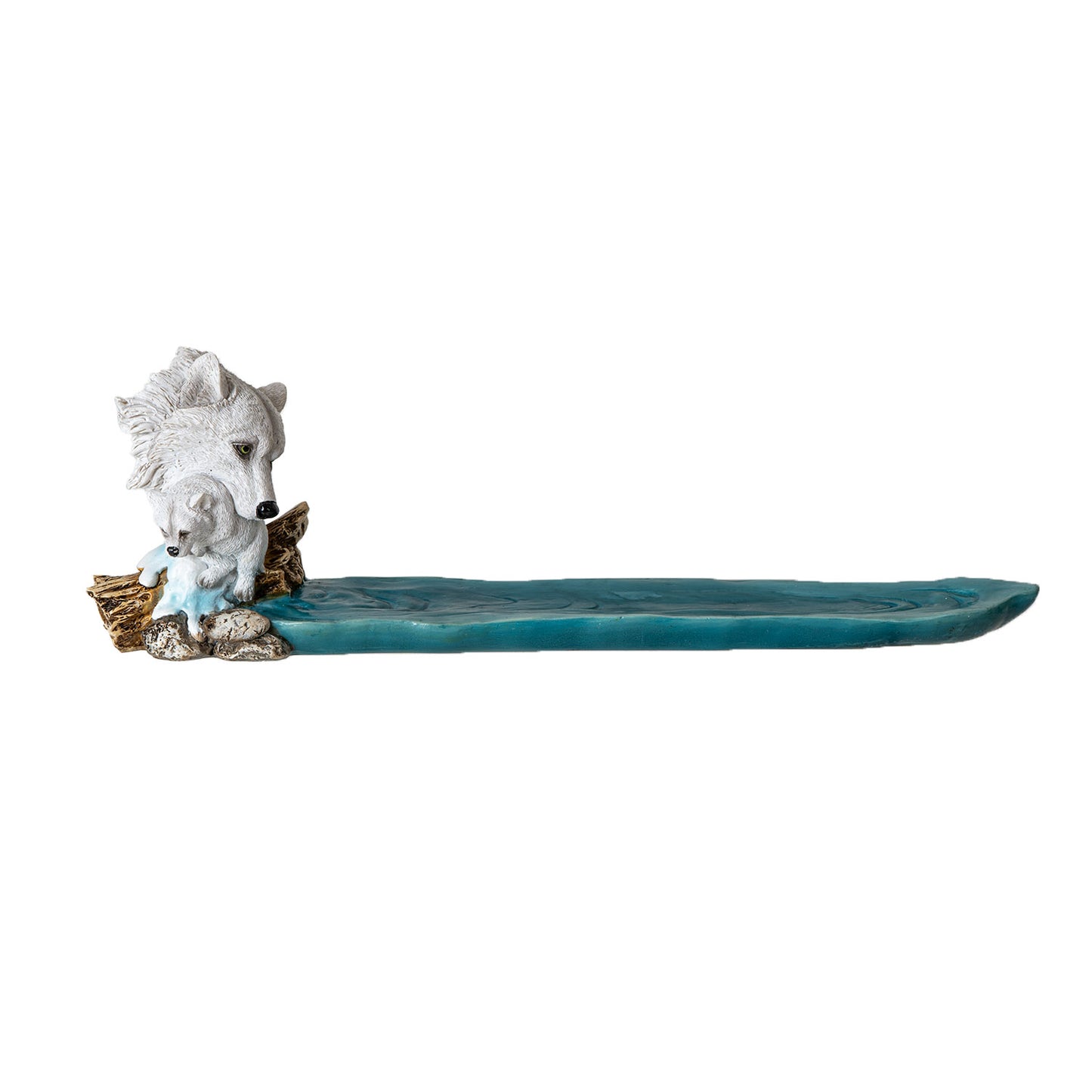 White Wolf and Pup 11.1" Long Incense Holder with Water Stream