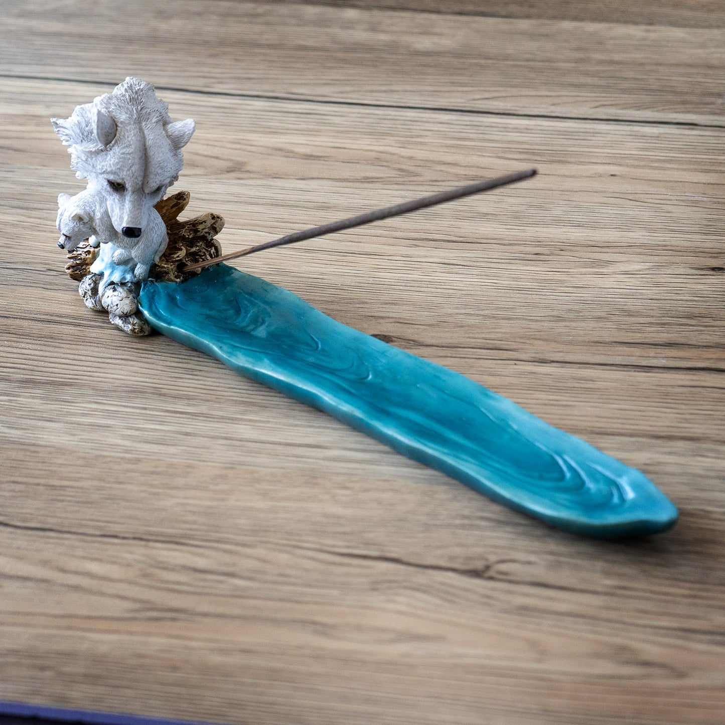 White Wolf and Pup 11.1" Long Incense Holder with Water Stream