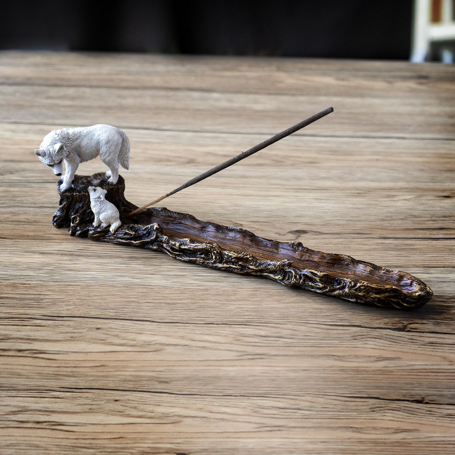 Wolf and Pup 11.22" Long Incense Holder with Woodsy Log