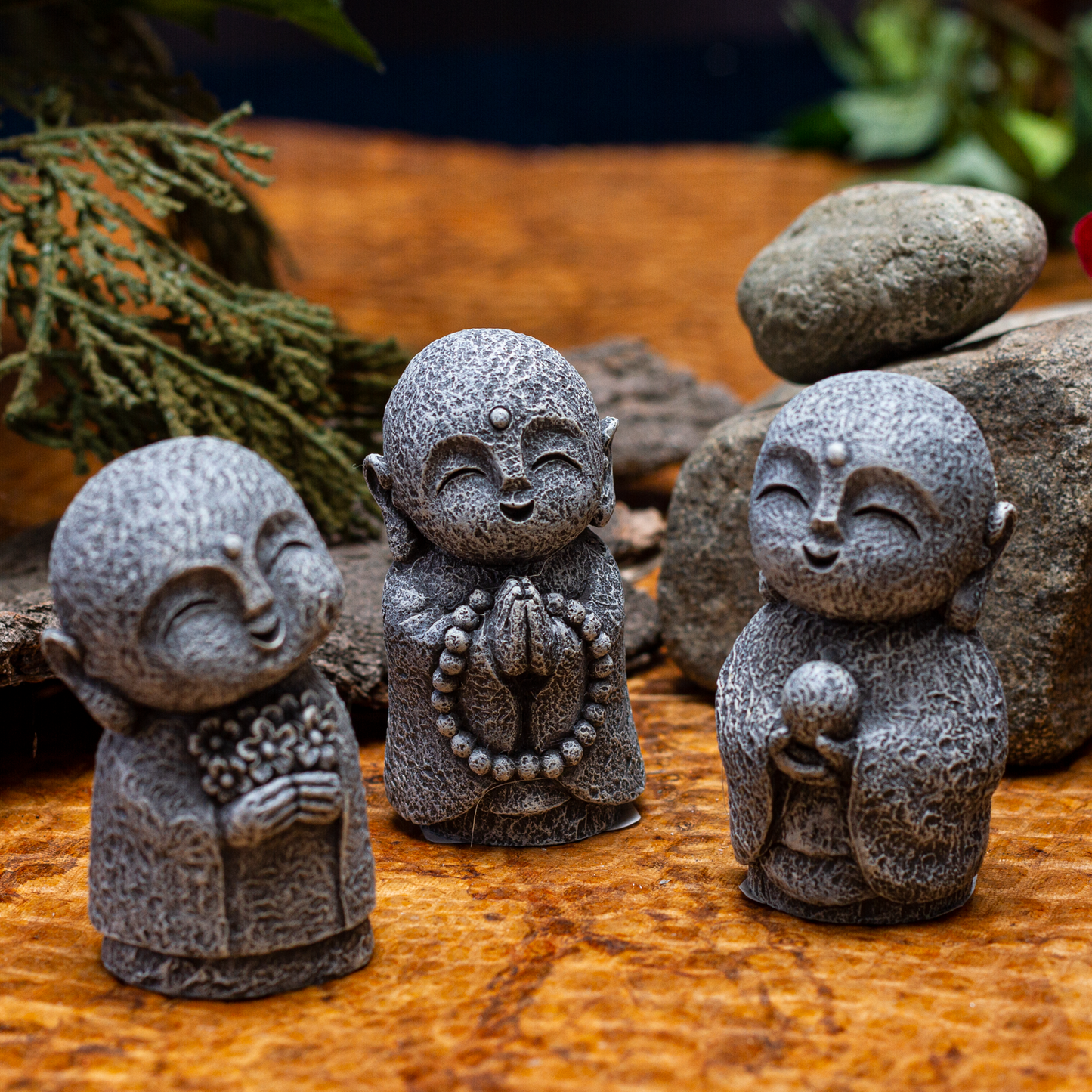 Eastern Enlightenment Happy Japanese Jizo Monk Praying with Mala Prayer Beads Resin Figurine