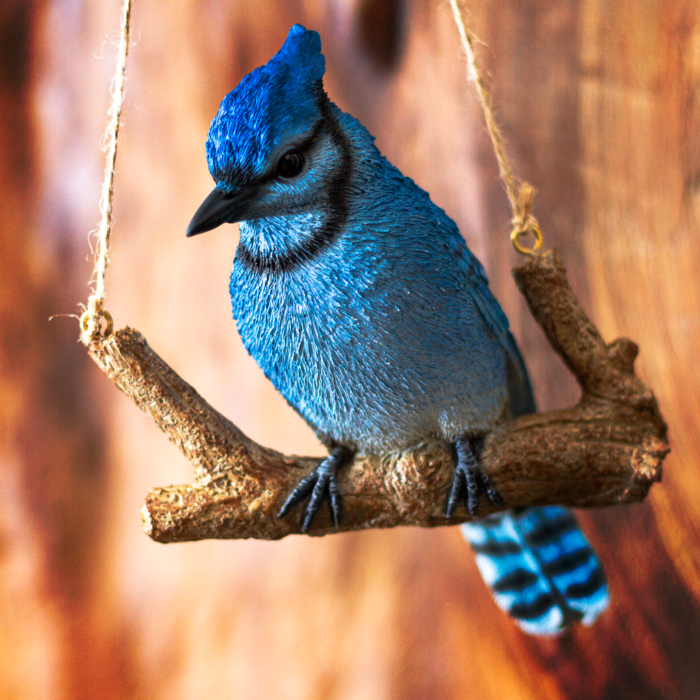 Hanging Blue Jay Bird Perching on Branch Resin Figurine Sculpture