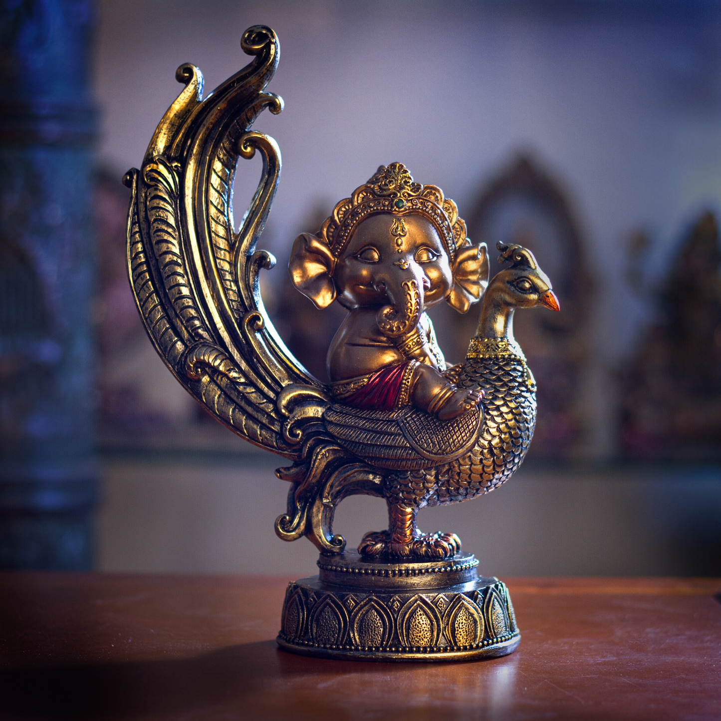 Hindu Elephant God Lord Ganesha on Peacock Lord of Success Resin Figurine Statue