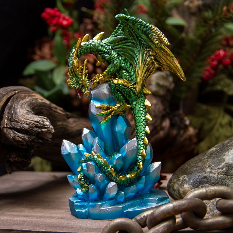 Fantasy Guarding Golden Dragon on Crystal Gemstone Rock Figurine Statue Home Decor Collectible