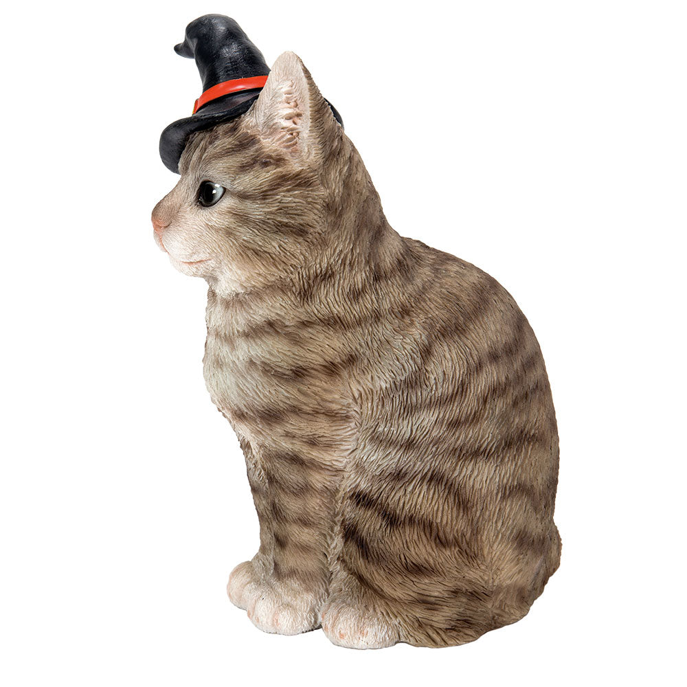 Gray Tabby Cat with Wizard Witches Hat Collectible Home Decor Figurine