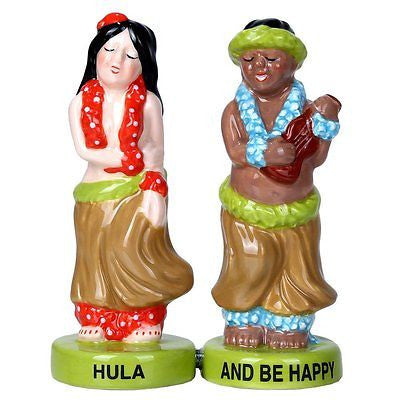 Hawaiian Hula Dancer Ukulele Musician Ceramic Magnetic Salt Pepper Shaker Set