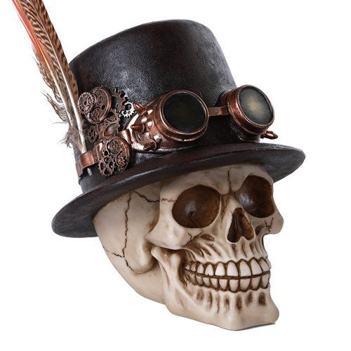 steampunk top hat with goggles Steampunk Skull with Feathered Top Hat Figurine