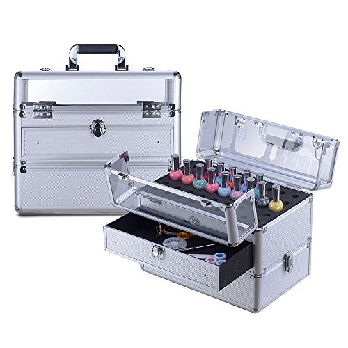 Clear Panel Top Nail Polish Makeup Train Case 16" Aluminum Professional Cosmetic Organizer Box with Slide Out Drawer