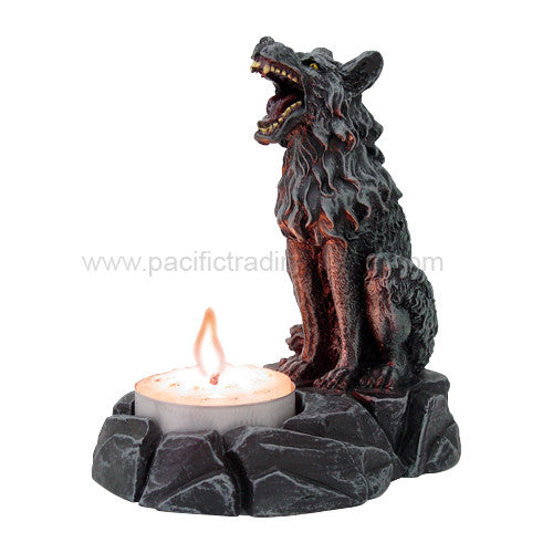 PTC 4 Inch Howling Wolf Hand Painted Tea Light Candle Holder, Gray