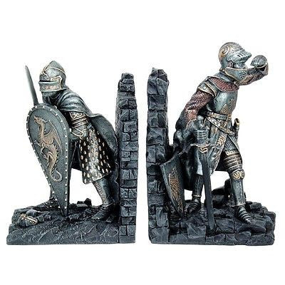 Medieval Knights In Shining Armor Sculptural Decorative Bookends Set 8 Inch Tall