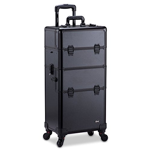 Professional Makeup Artist 2 in 1 Rolling Makeup Train Case Cosmetic Organizer with Easy Slide Extendable Storage Trays and Removable Trays