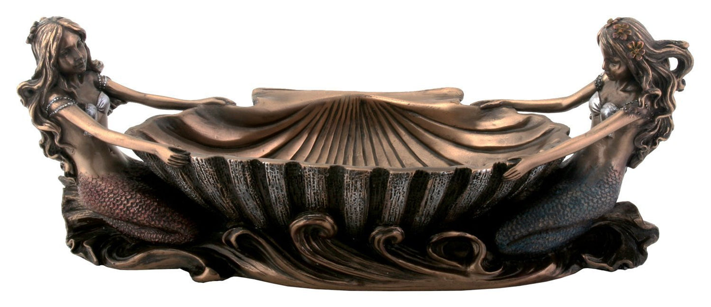 9.5 Inch Collectible Bronze Colored Double Mermaid Jewelry Dish Statue