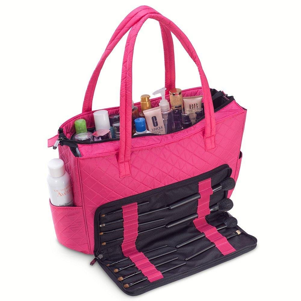 Quilted Shoulder Beauty Bag With Brush Storage Pocket Ideal for Cosmetic Bottles Brushes (Grey)