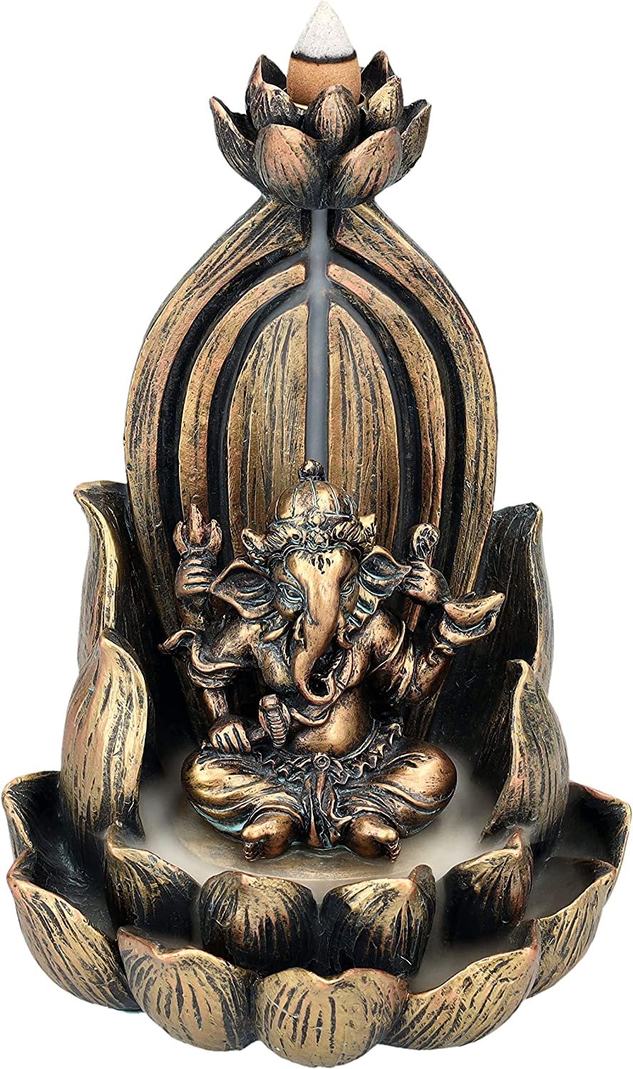7.25" Ganesha on Lotus Backflow Incense Burner Resin Figurine