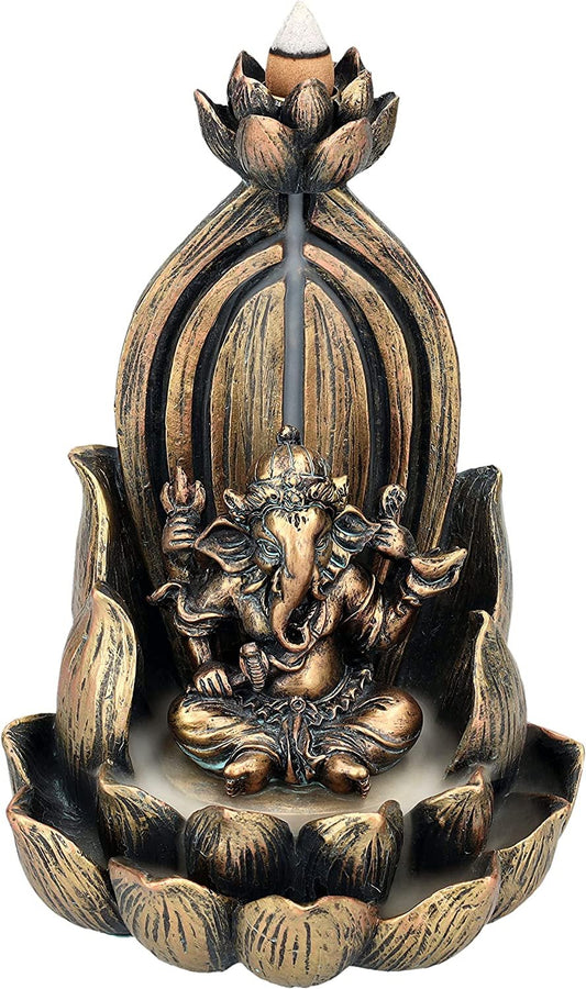 7.25" Ganesha on Lotus Backflow Incense Burner Resin Figurine