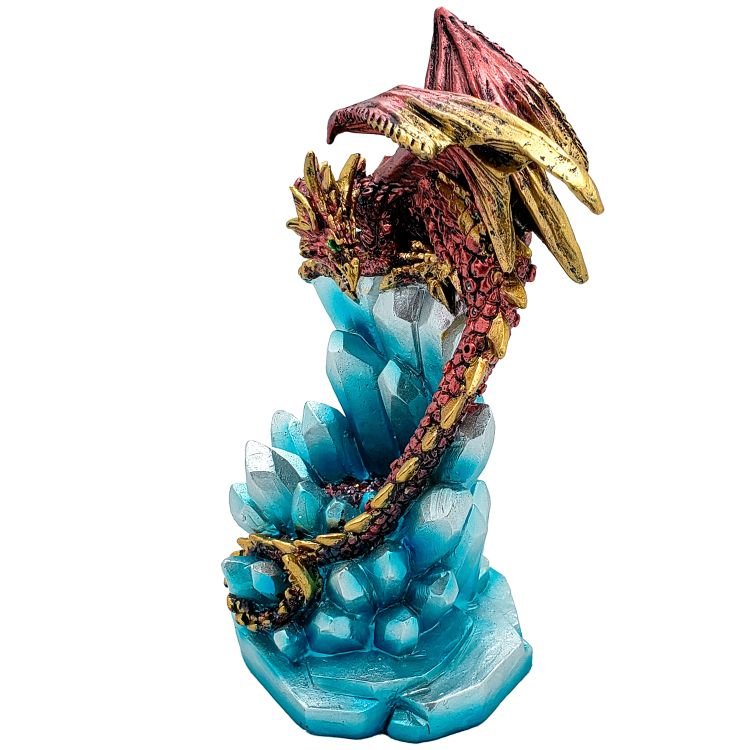 Fantasy Guarding Red Dragon on Crystal Gemstone Rock Figurine Statue Home Decor Collectible