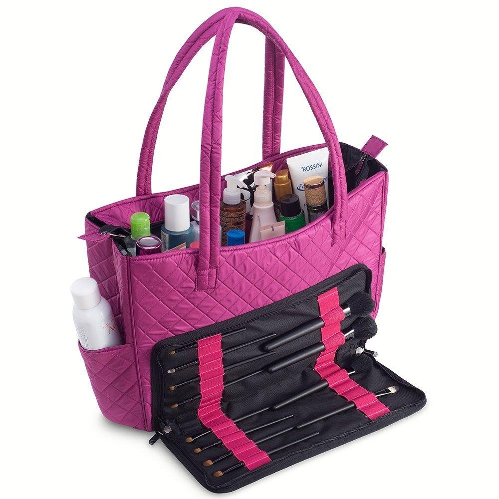 Quilted Shoulder Beauty Bag With Brush Storage Pocket Ideal for Cosmetic Bottles Brushes (Grey)