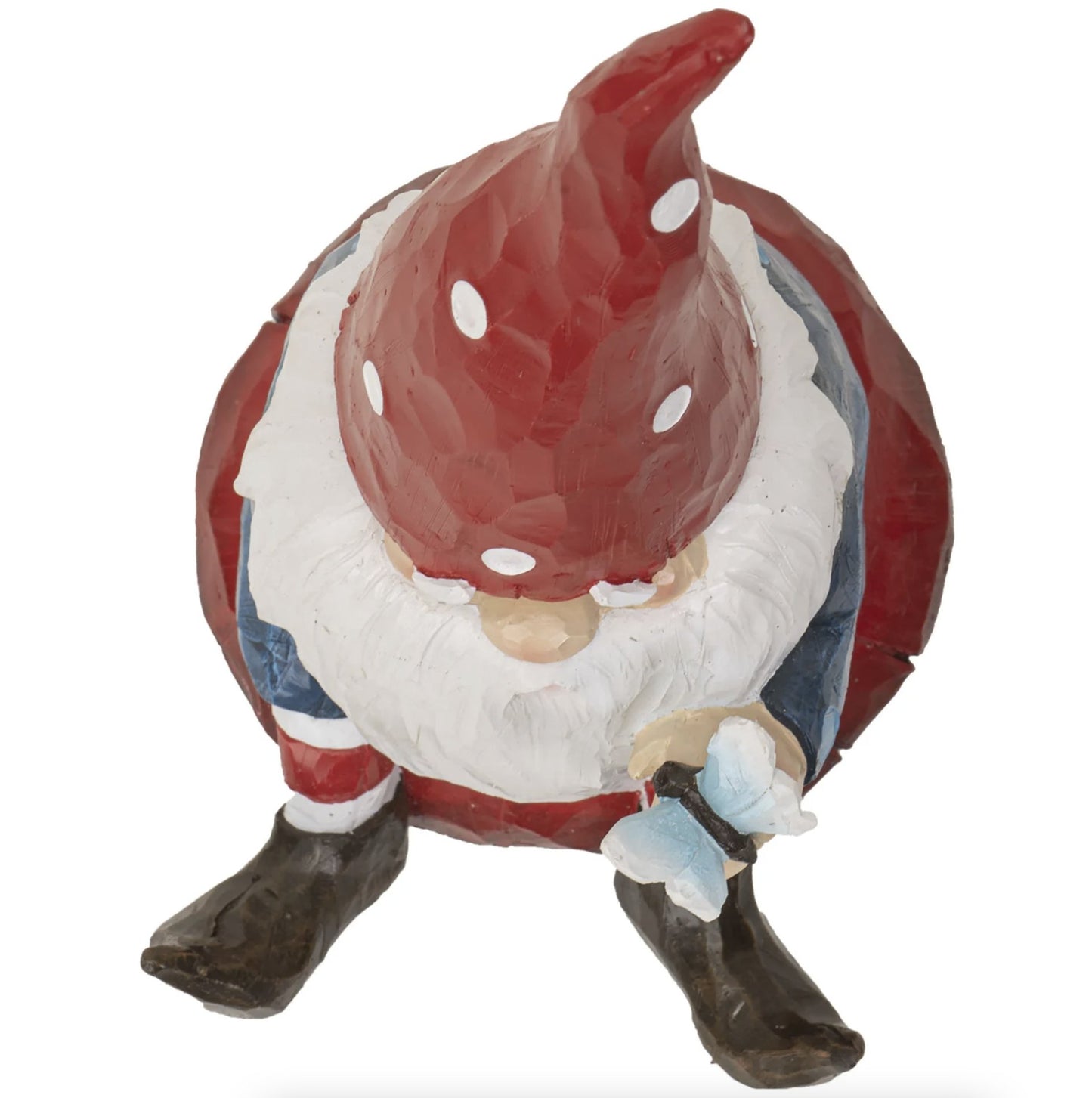 White Polka Dots Hat Santa Gnome with Mushroom Wood Like Resin Figurine