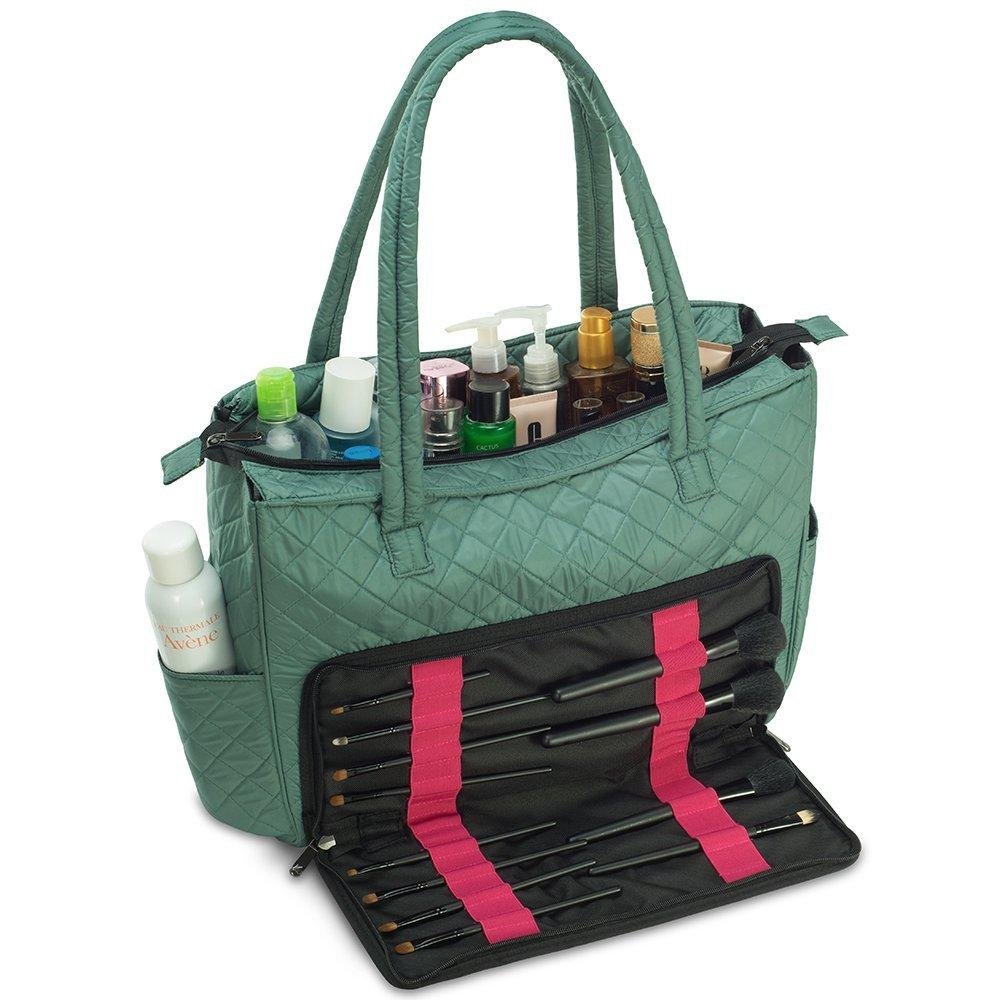 Quilted Shoulder Beauty Bag With Brush Storage Pocket Ideal for Cosmetic Bottles Brushes (Grey)