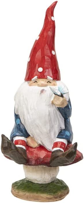 White Polka Dots Hat Santa Gnome with Mushroom Wood Like Resin Figurine
