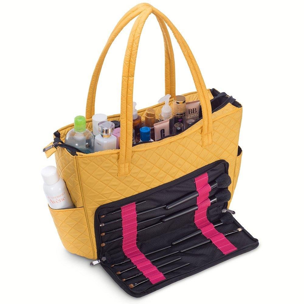 Quilted Shoulder Beauty Bag With Brush Storage Pocket Ideal for Cosmetic Bottles Brushes (Grey)