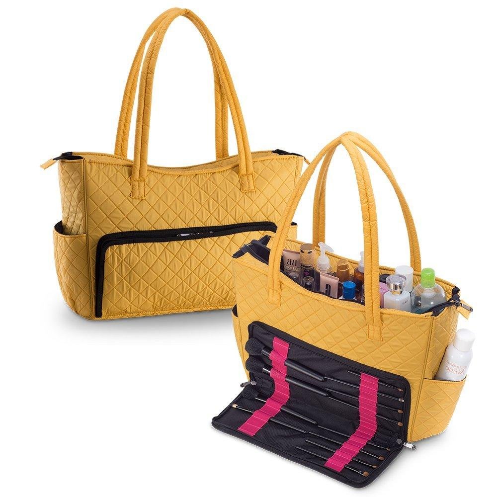 Quilted Shoulder Beauty Bag With Brush Storage Pocket Ideal for Cosmetic Bottles Brushes (Grey)