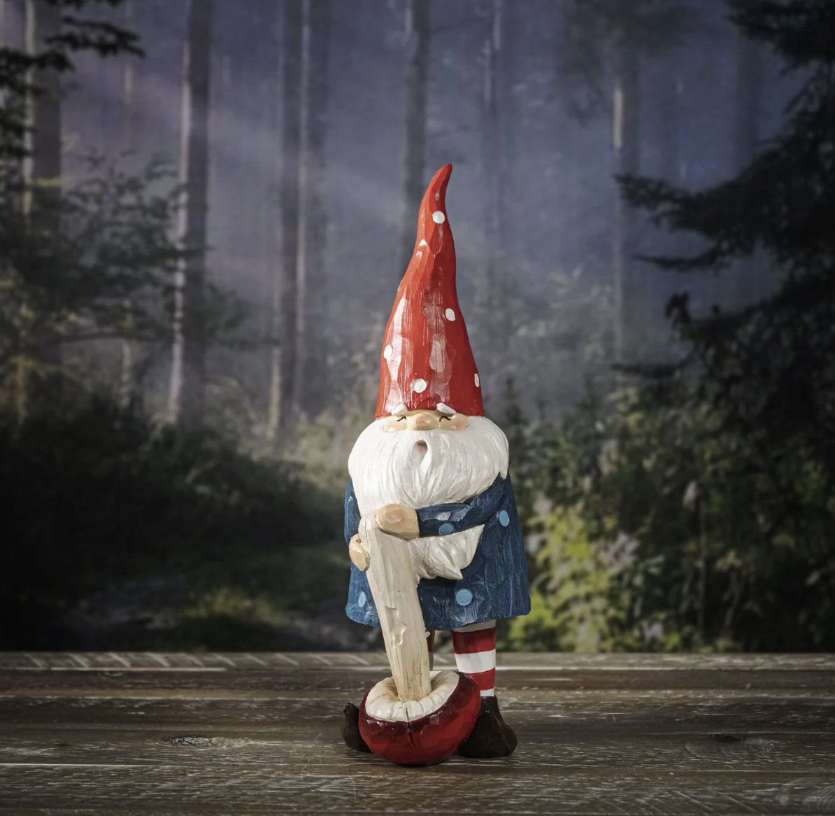 White Polka Dots Hat Santa Gnome with Mushroom Wood Like Resin Figurine