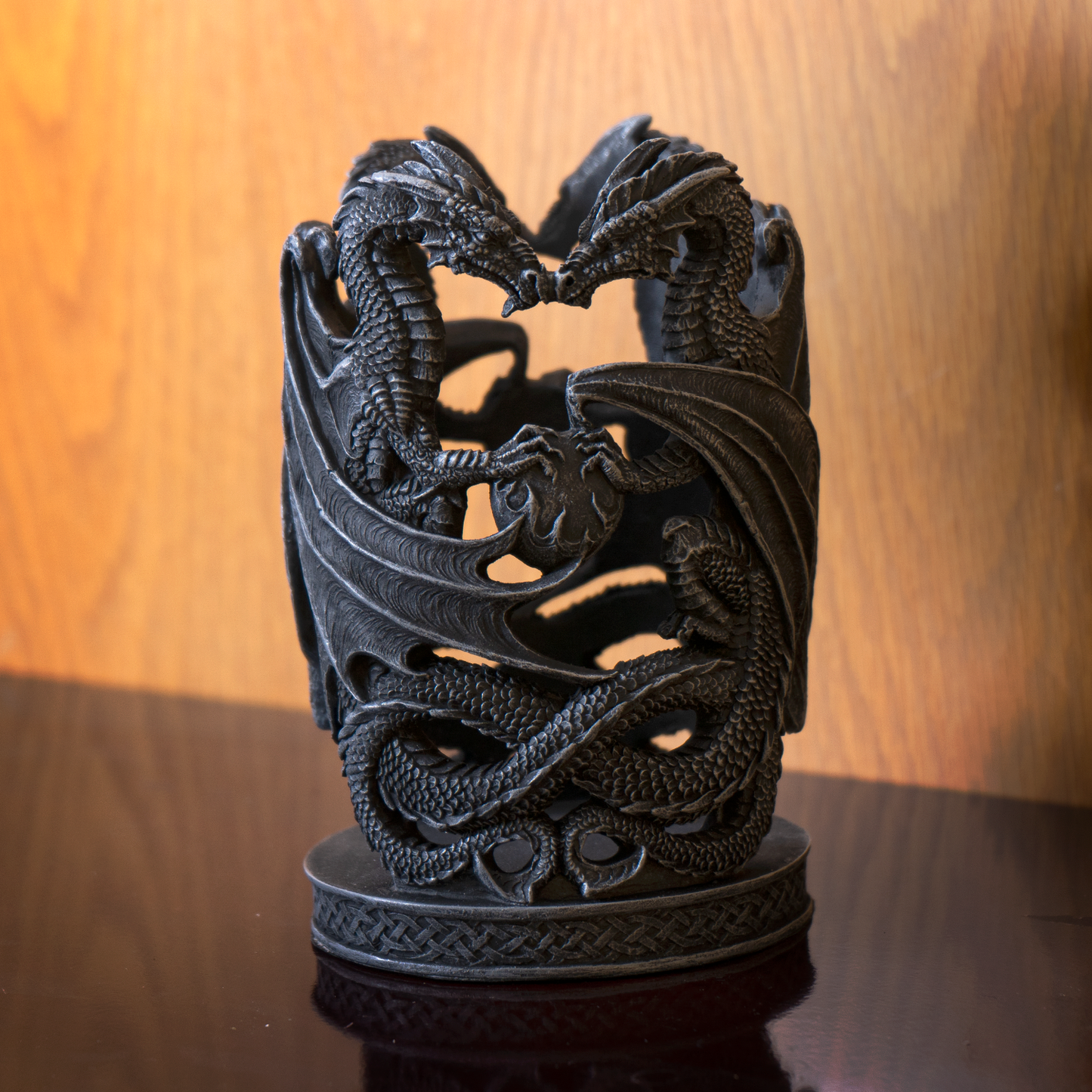 Upright Winged Dragons with Flaming Pearl Celtic Gothic Resin Candle Holder Decorative Accent