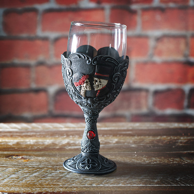 Love Never Dies Skeleton Bride and Groom Glass Goblet