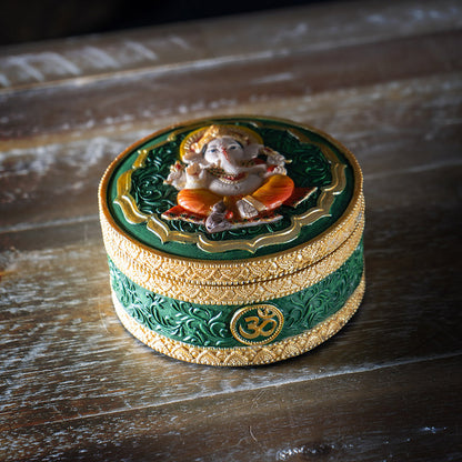 Ganesha Round Trinket Box with Om Symbol