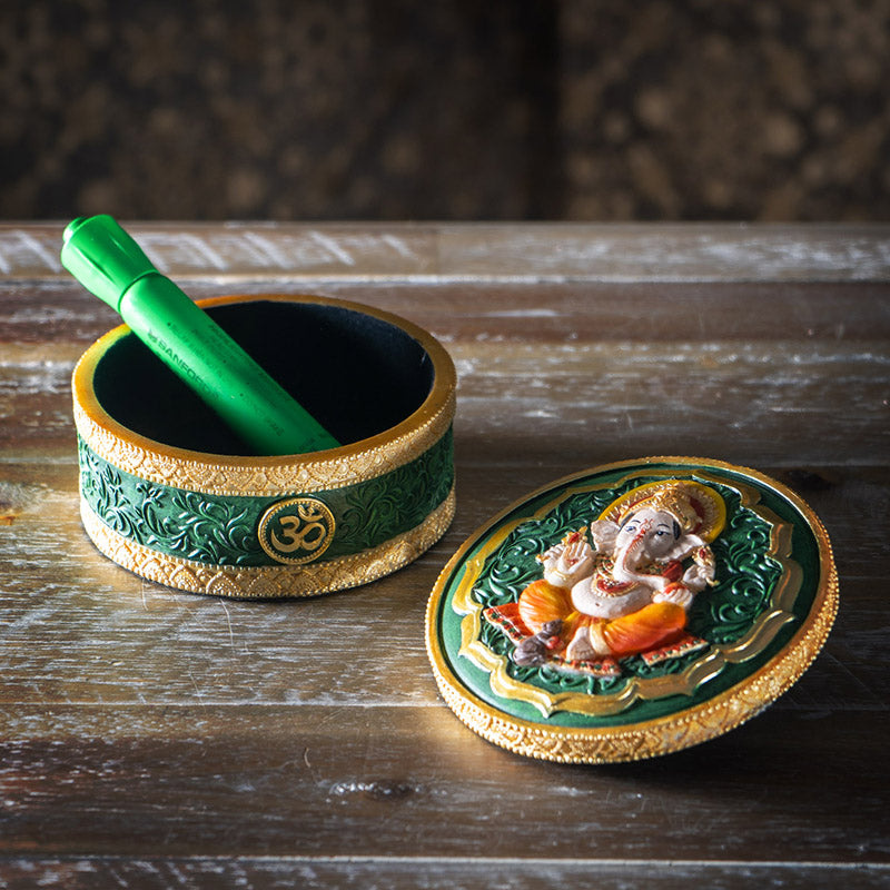 Ganesha Round Trinket Box with Om Symbol