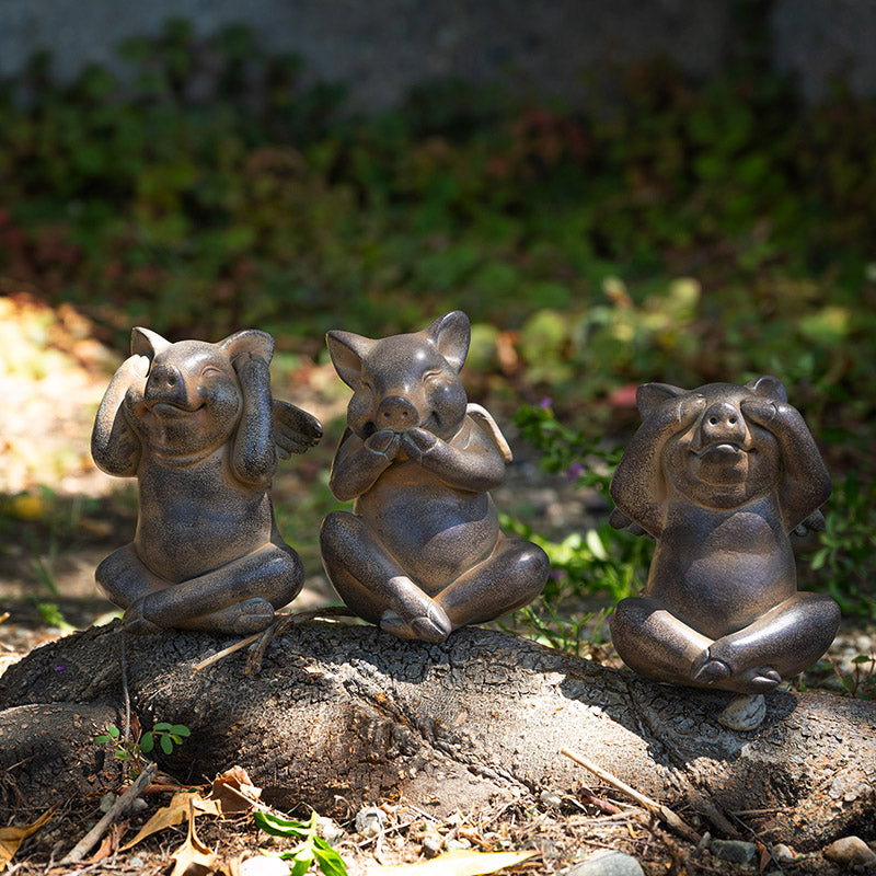 See, Hear, Speak No Evil Flying Pig Figurine Set