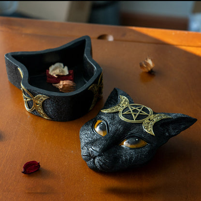 Triple Moon Cat Box with Pentagram Symbol Black/Gold