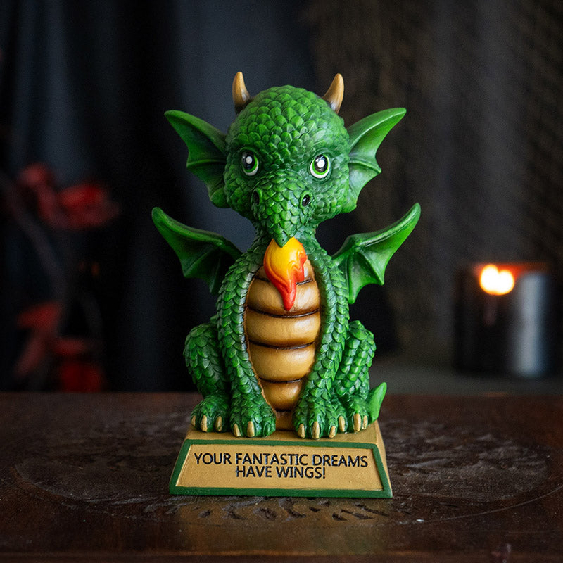 Dragon Collectible Figurine Featuring Flame Design and Your Fantastic Dreams Have Wings Message
