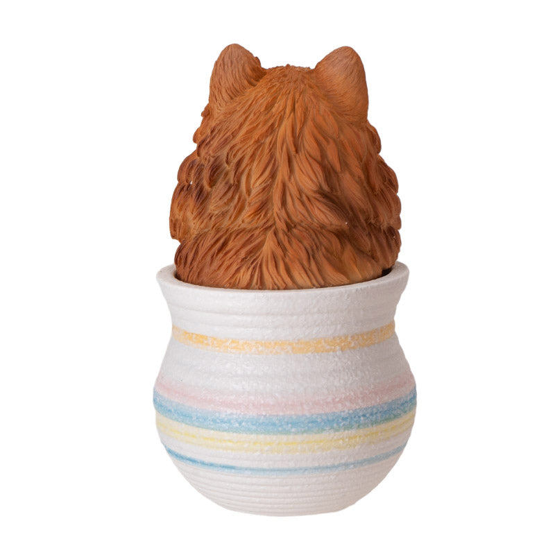 Pomeranian Dog Figurine in Decorative Pot