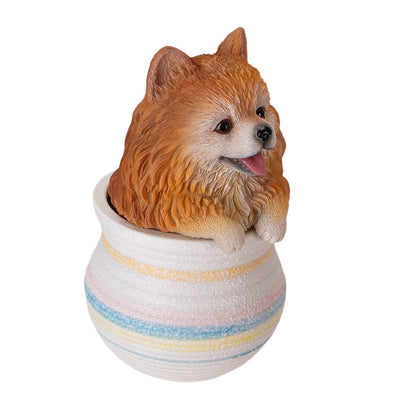 Pomeranian Dog Figurine in Decorative Pot