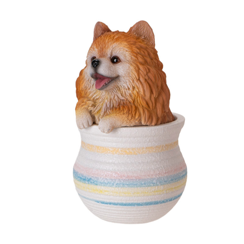 Pomeranian Dog Figurine in Decorative Pot