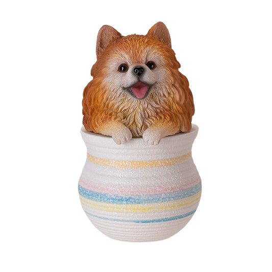 Pomeranian Dog Figurine in Decorative Pot