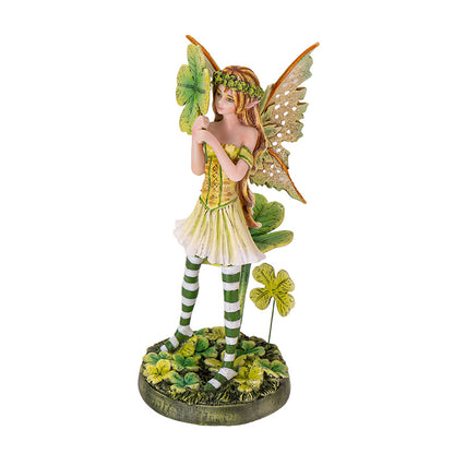 Lucky Clover Fairy Figurine with Striped Stockings and Emerald Wings